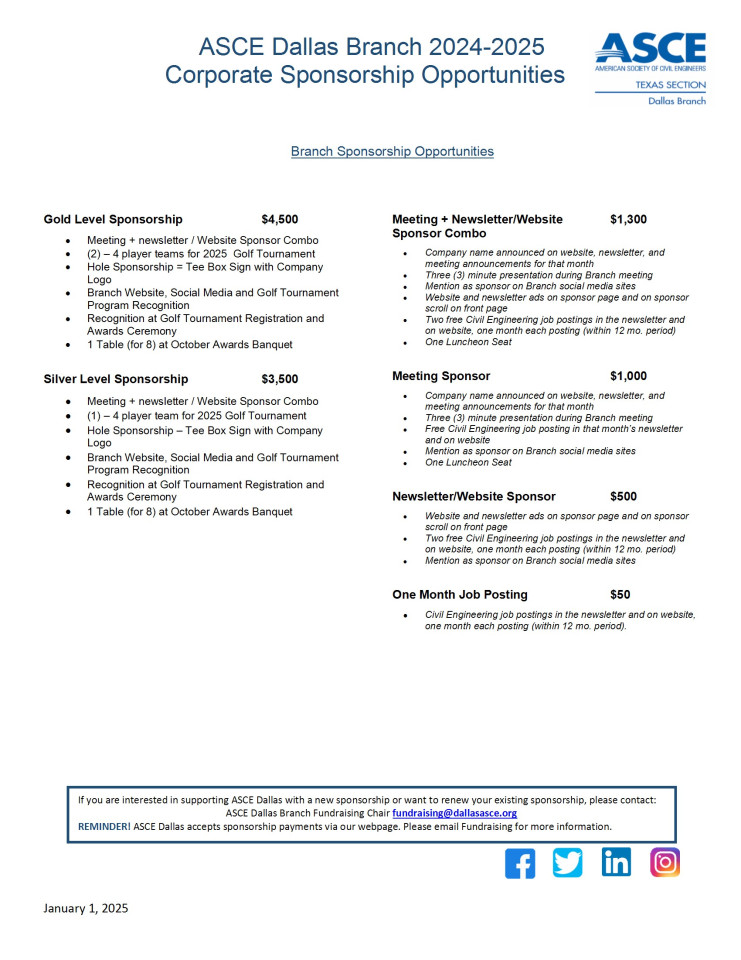 2025 ASCE Dallas Branch Sponsorship Opportunities